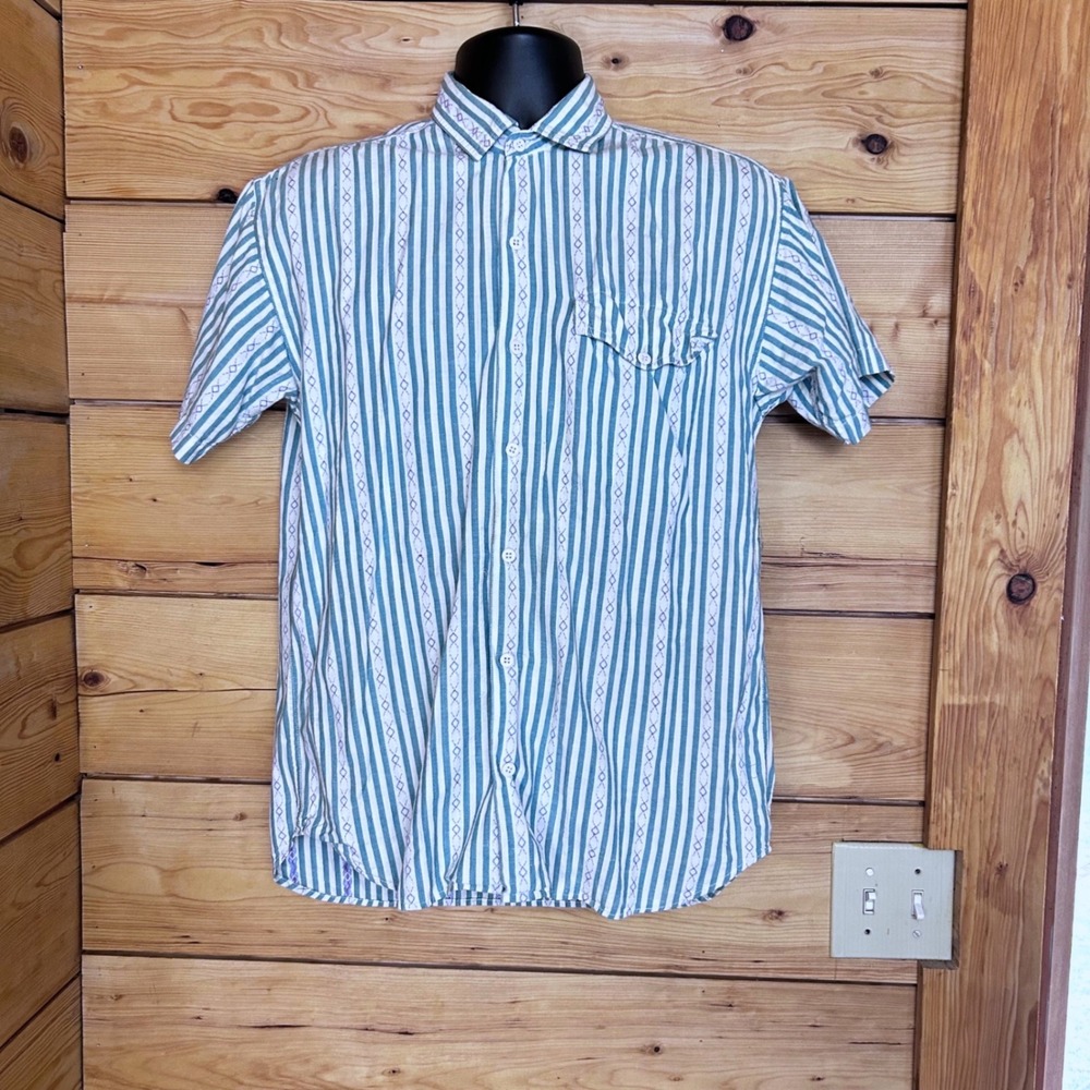 Vintage Cotton Striped Button Up Mens Medium Teal Green Geometric Shirt Hot Ice